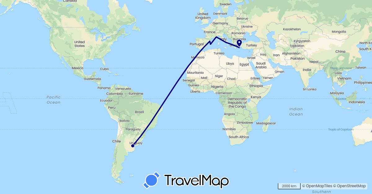 TravelMap itinerary: driving in Argentina, Spain, France, Greece, Italy, Monaco (Europe, South America)